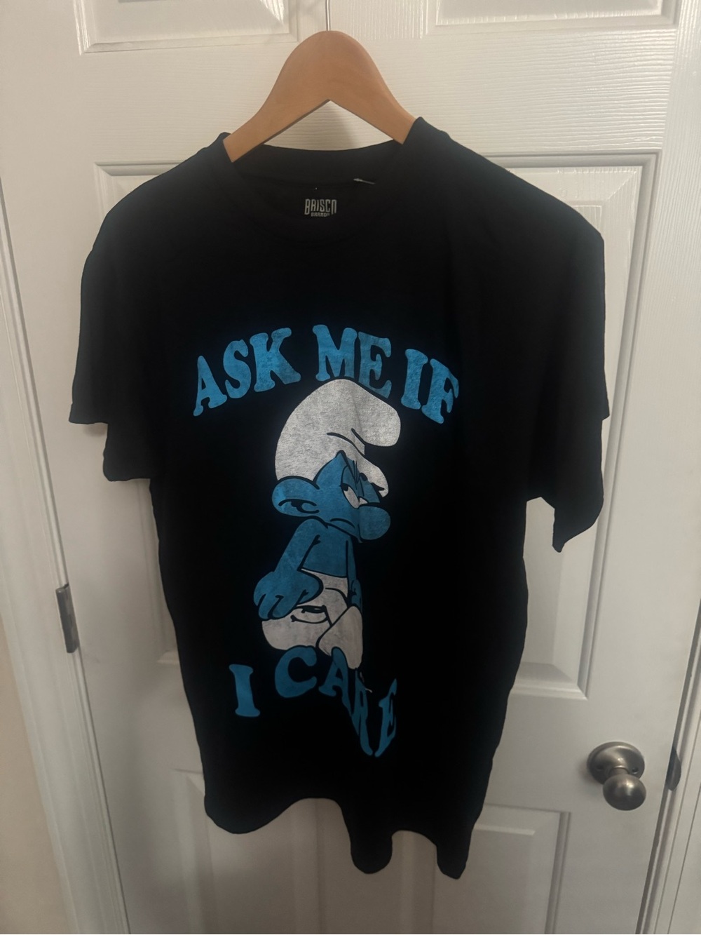 Black Graphic Tee with Blue Smurf Print - Ask Me If I Care Funny gift Med